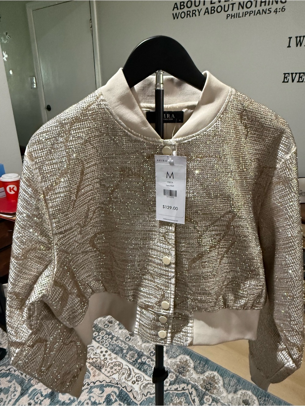 AKIRA Shimmery Cream Metallic Bomber Jacket